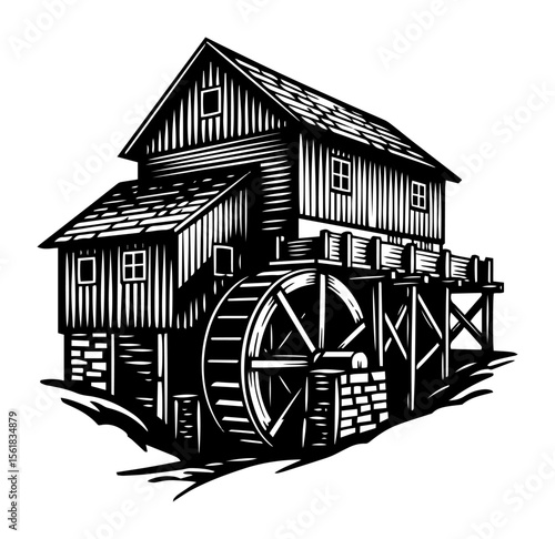 vintage watermill vector illustration in woodcut engraving style, black and white