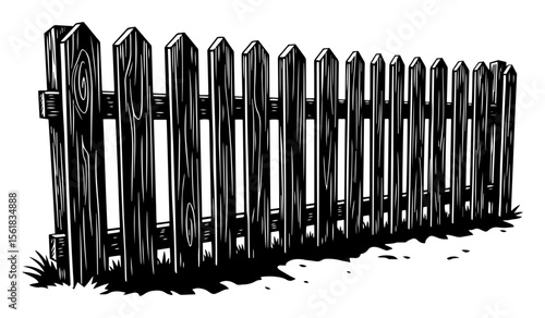 vector illustration of wooden fence casting shadow on ground in black and white style