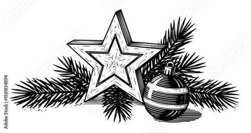 christmas star and bauble with pine branch, classic holiday engraving-style vector