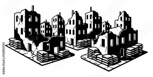 black and white vector of war-torn buildings with sandbags, destroyed city blocks in vintage engraving style
