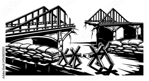 destroyed bridge with tank traps and sandbags, war zone scene in engraving style
