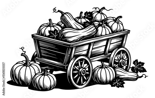wooden wagon full of pumpkins, vintage harvest illustration in engraving style