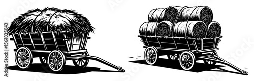farm wagons with hay and barrels vector