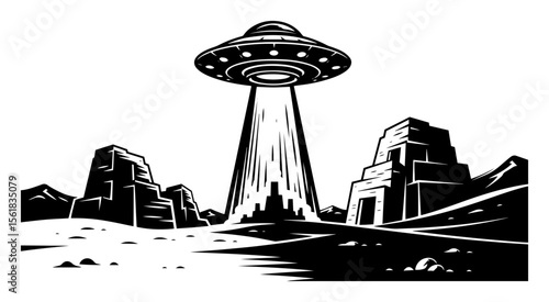 engraving style vector of ufo with light beam in desert landscape, blackandwhite sci-fi theme