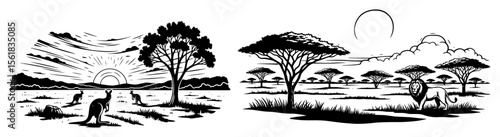 vector of african savanna with trees, animals and sunrise in blackandwhite