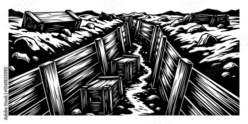 blackandwhite vector illustration of war trenches in vintage tyle