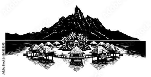 luxury island hotel vector engraving