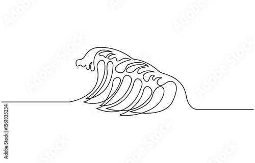 Continuous one line drawing water splashes wave twirl isolated surge blue sparks breaker. Wave curly shapes, Line drawing of sea wave. Modern abstract