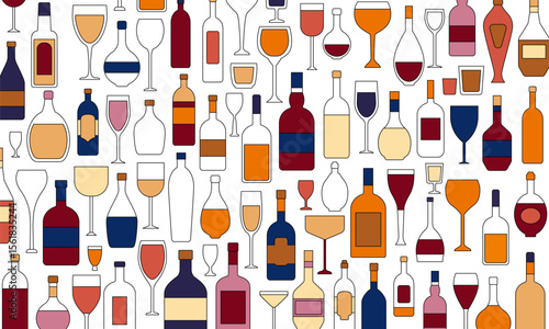 Seamless pattern with wine bottles, glasses and alcohol drinks. Abstract background for bar menu. Geometric pattern with line bottles with wine, champagne, beer, cocktail glasses, vector illustration
