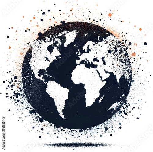 Stylized artwork of the Earth featuring continents and oceans in a black ink-style finish with artistic splashes. Background color offers contrast to emphasize the artistic 