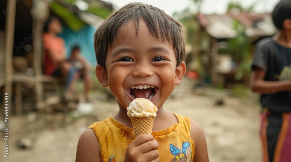 Joyful child eating ice cream in a village setting. Joyful child eating ice cream in a village setting.