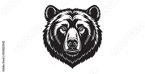 Intense black and white bear head silhouette with detailed fur texture