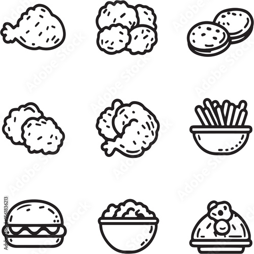 Chicken nuggets Black Line Editable Icons set