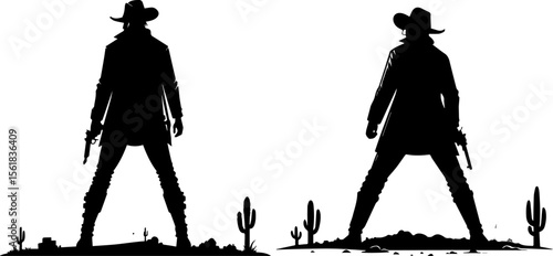 Wild West Cowboy with Revolvers Silhouette - Western Duel & Old Frontier