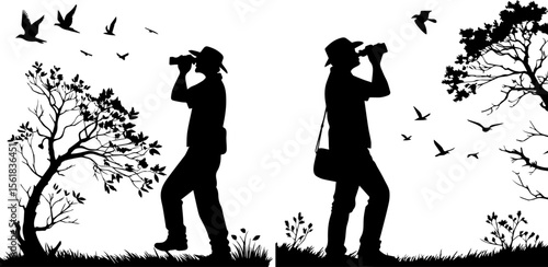 Birdwatcher with Binoculars Silhouette - Nature Observation & Wildlife Hobby