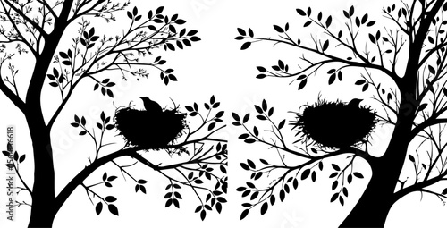 Bird Nests with Chicks Silhouette - New Life and Nature Habitat