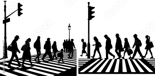 Pedestrians Crossing Street Silhouette - Urban Life and Zebra Crosswalk