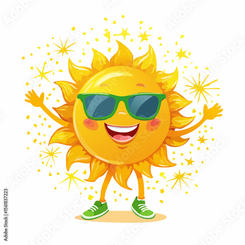 Smiling Sun with Green Glasses: A radiant cartoon sun with playful charm, sporting fashionable green sunglasses, exudes happiness and energy, promising warmth and cheer to brighten any day.