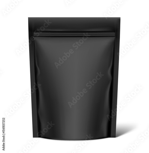 Realistic black stand up pouch bag mockup with transparent shadow. Front view. Vector illustration isolated on white background. Ready for your design. EPS10.