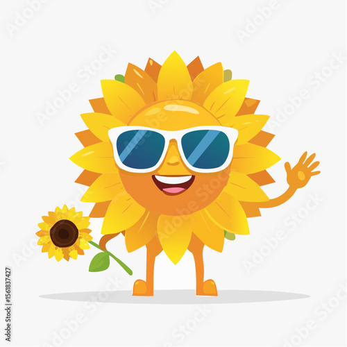 Sunny Attitude: A cheerful cartoon sunflower, adorned with sunglasses and holding a bloom, exudes happiness. conveying warmth, fun, and lightheartedness.