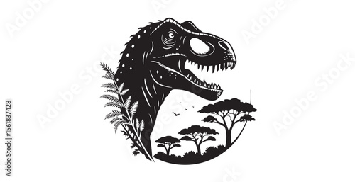 Majestic tyrannosaurus rex head silhouette against an african savanna landscape silhouette