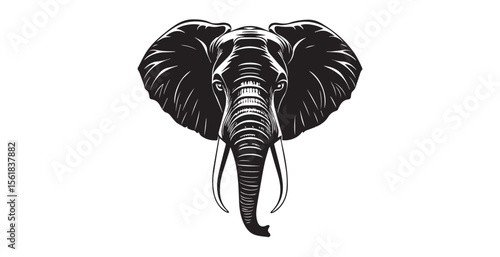 Photography Majestic elephant head facing forward with large ears and tusks silhouette
