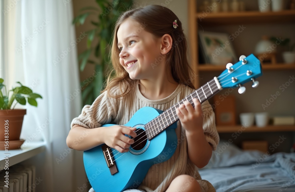 Fototapeta premium Happy girl plays blue ukulele at home. Young female musician smiling while practices playing a musical instrument. Child enjoys music hobby. Charming girl on music lesson with ukulele.