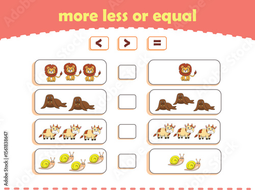 More, less or equal. Count the amount of cute wild animals. Educational math game for kids. Vector Illustration