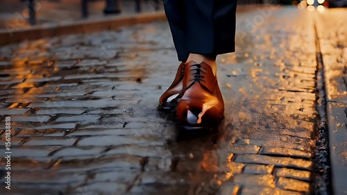 Person walking on a wet cobblestone street at dusk