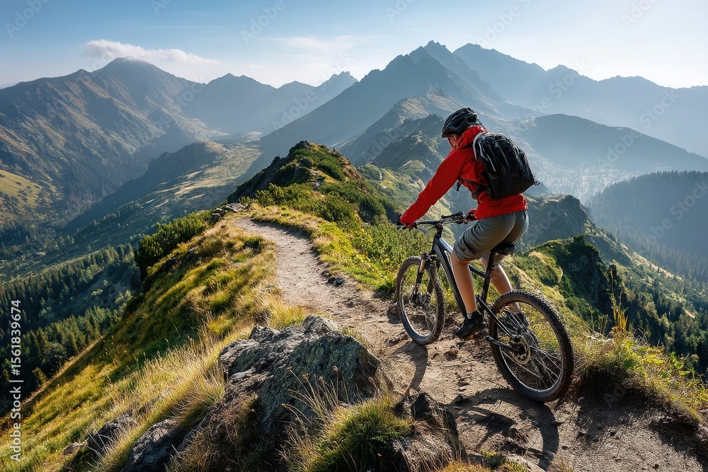 Fototapeta premium Mountain biking adventure with man on trail overlooking breathtaking alpine mountain range