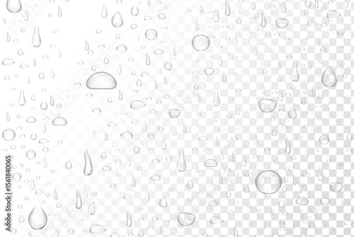 Water drop texture. Droplet condense glass background. Rain drip window bg. Drink banner. Shower vapor splash pattern. Waterdrop frame. Vector illustration