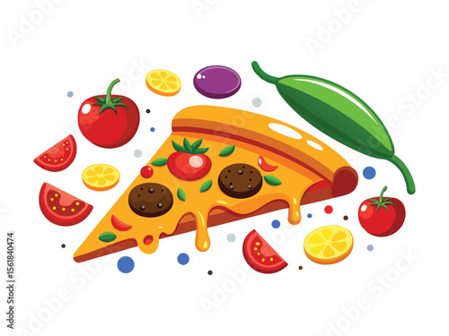 A delicious slice of pizza with toppings and fresh ingredients isolated on white background
