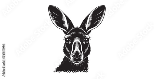 Detailed black and white kangaroo head portrait silhouette