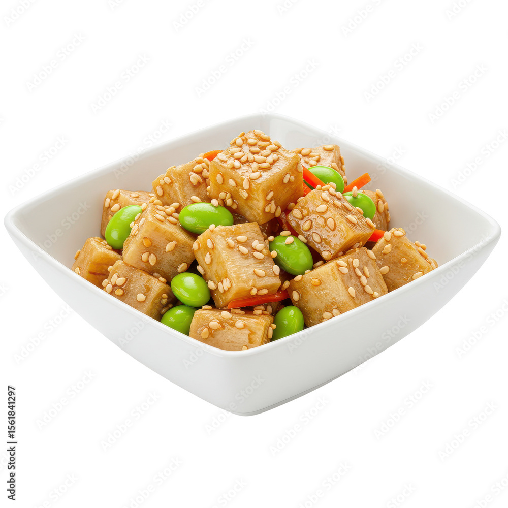 Sesame-Crusted Tofu Cubes with Edamame and Carrot Ribbons in White Bowl Sesame-Crusted Tofu Cubes with Edamame and Carrot Ribbons in White Bowl