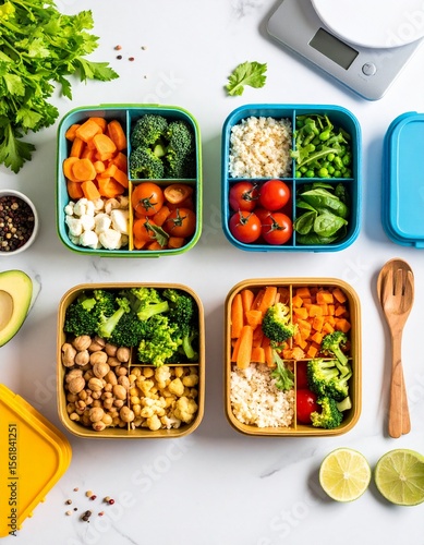 meal prep containers with veggies, meals arranged neatly on a white counter