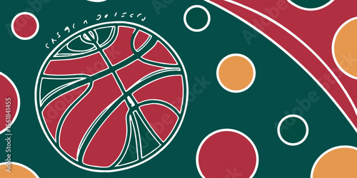 Blue slanted frame with dotted and striped circles over a wavy circle in red green background 