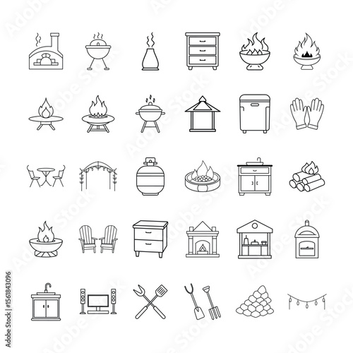 Set of Line Icons Featuring Outdoor Firepits,.BBQ Grills, Patio Furniture, Lanterns, Garden Decor, and Cooking Accessories for Backyard, Camping, and more  Vector Vector Illustration. Editable Stroke.