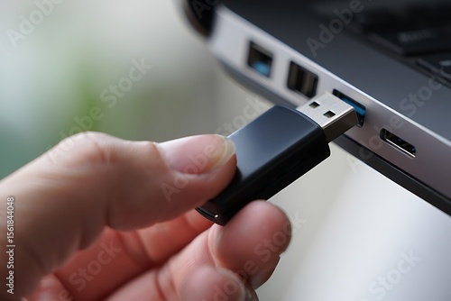 Hand inserting black flash drive into silver laptop port image