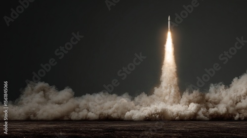 Rocket Launching with Smoke Trail on Dark Background