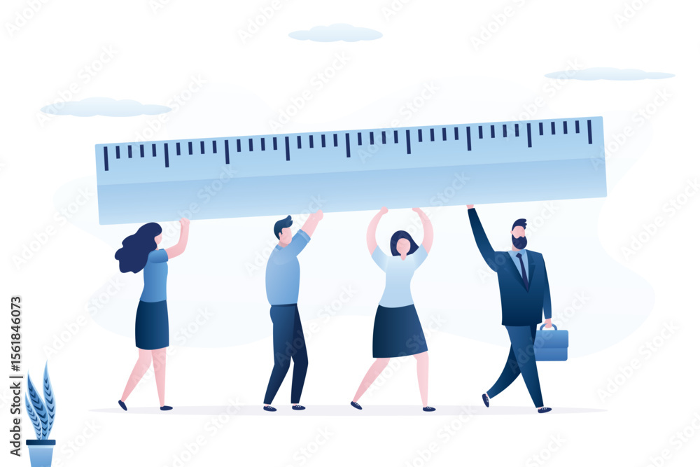Obraz premium Businessmen and businesswomen measuring success. Business team carry and using giant ruler to measure kpi, profit or job. Corporate development.