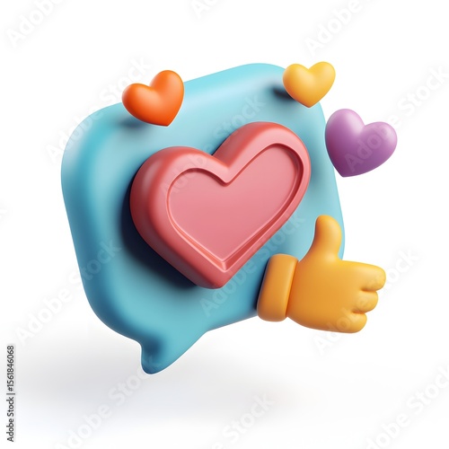 A high-resolution 3D isometric clipart showing a bright speech bubble with thumbs-up and heart icons.