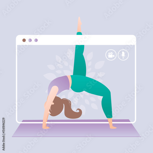 Happy girl in yoga position. Screen streaming keep fit home workout. Female character in asana pose in hatha yoga. Online yoga lesson, education. Sport and fitness activity.