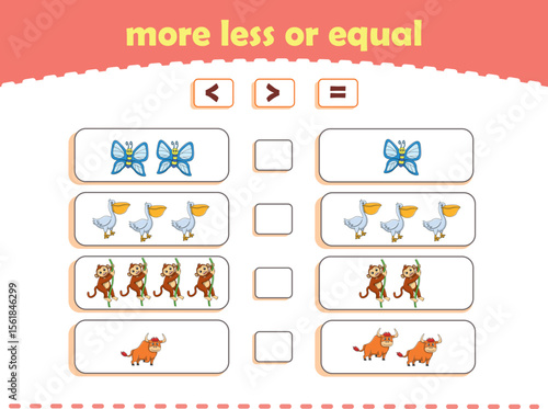 More, less or equal. Count the amount of cute wild animals. Educational math game for kids. Vector Illustration