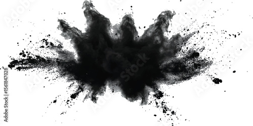 Black color explosion isolated on white background. Vector black dust explode. Paint holi. Black vibrant rainbow holi paint color powder explosion with bright colors isolated white background.	