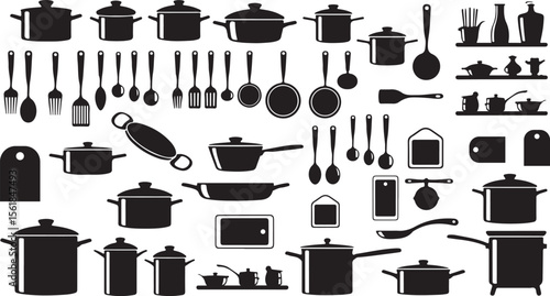 Culinary Collection Silhouette: A sleek, detailed illustration showcases an array of essential kitchen tools, perfect for culinary projects, food preparation and cooking.