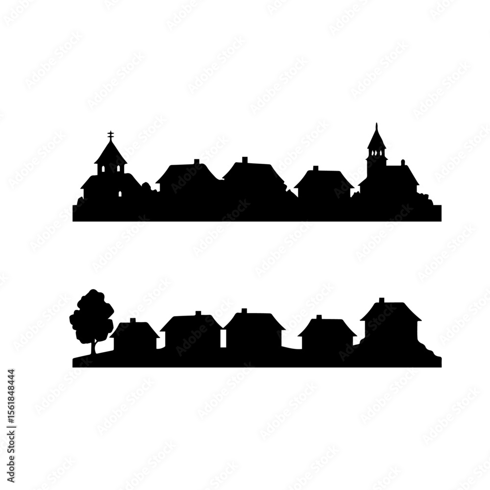 Fototapete Old town and village silhouette set