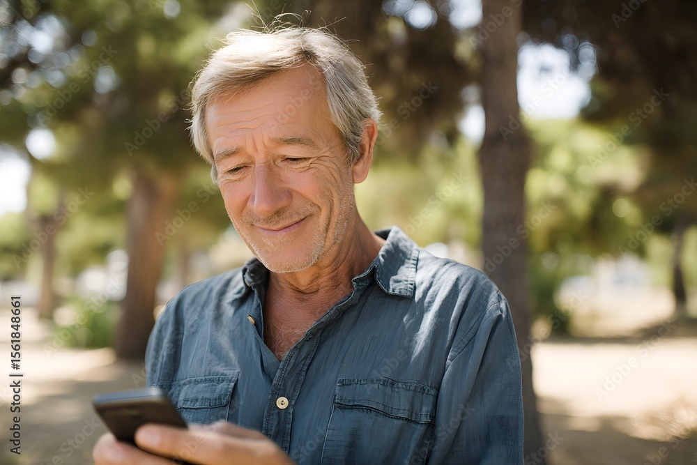 Casual Senior Man with Smartphone, Nature and Wellness Casual Senior Man with Smartphone, Nature and Wellness