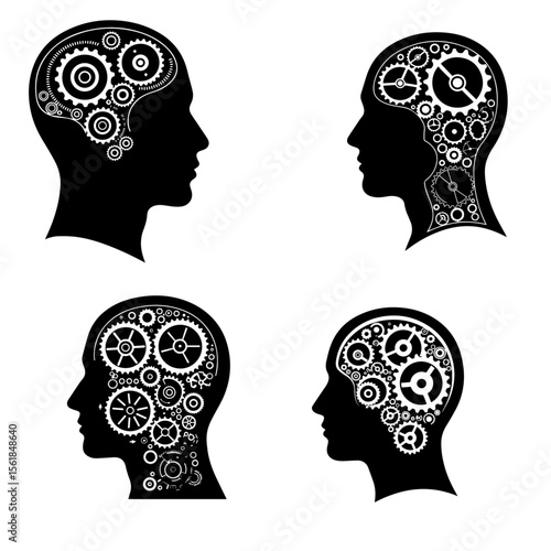 Head with gears silhouette and line art set. Concept of thinking, brainstorming, creativity, and mental process.

