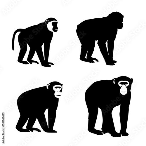 Ape or chimpanzee silhouette set. Vector icons of a primate for wildlife, zoo, and animal themes.

