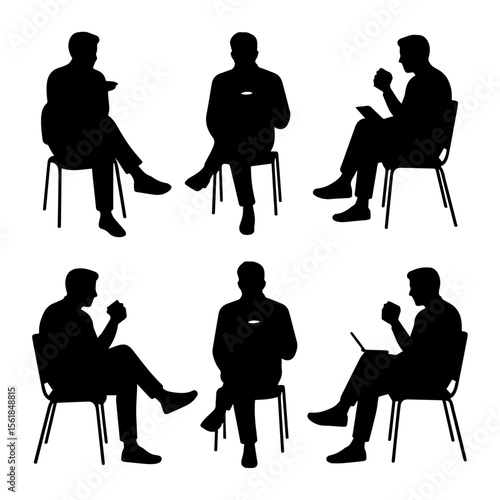 Set of man sitting on a chair silhouettes in various poses. Collection includes drinking coffee and using a smartphone.
